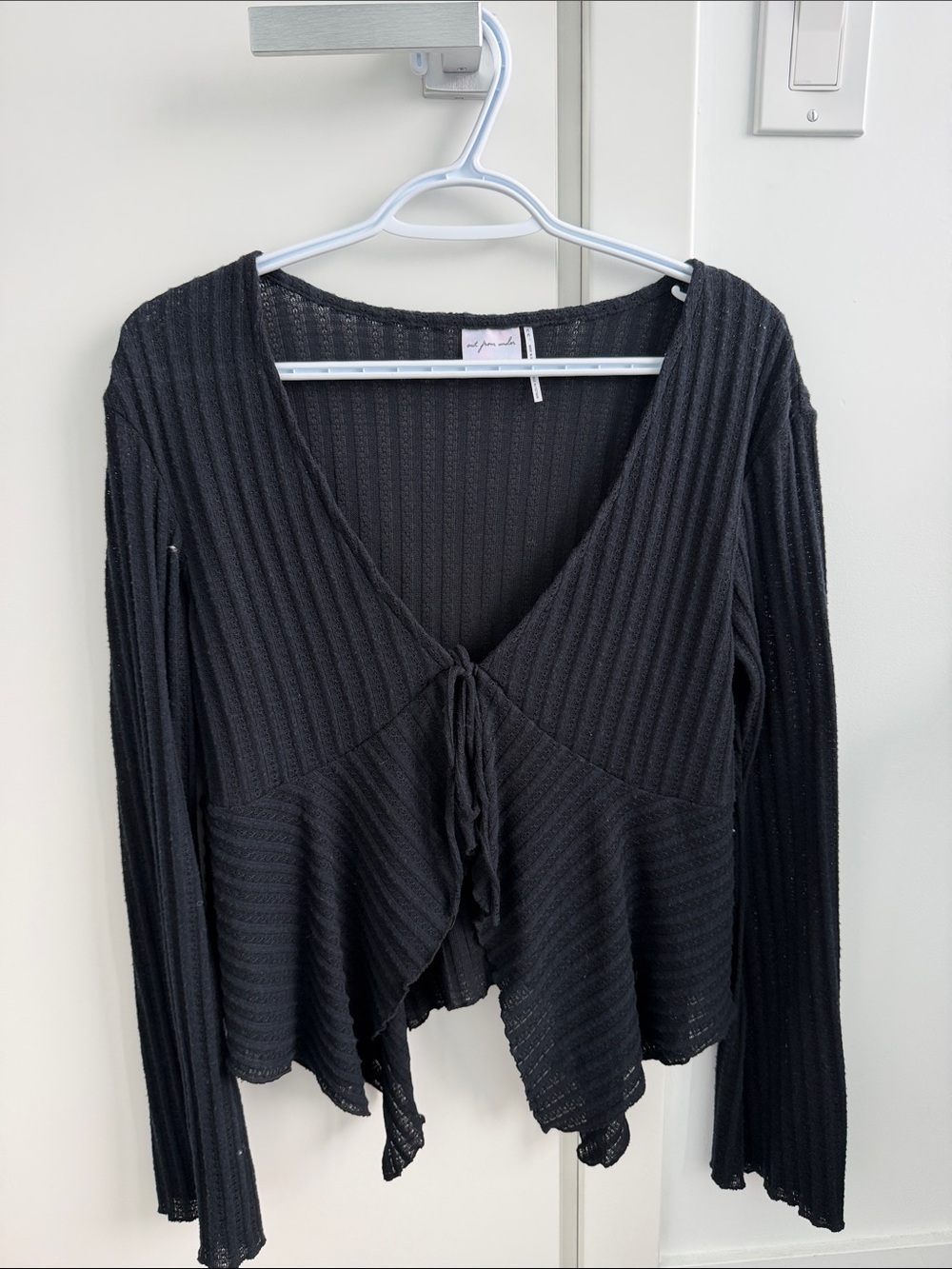 Women's Black Ribbed Tie-Front Top
